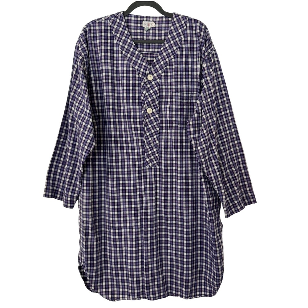 VTG J.Crew Oarsman Plaid Flannel Gown Womens L Purple Cotton Long Sleeve Sleep